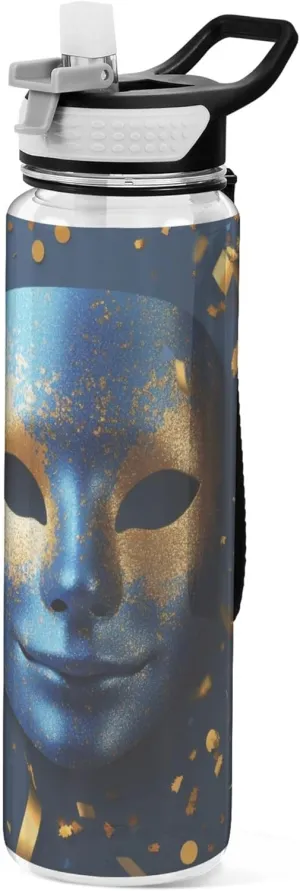 Kigai Transparent Sports Water Bottle 32oz, Mardi Gras Blue Mask Leakproof Wide Mouth Water Bottle with Straw, BPA Free Water Jug with Detachable Strap & Handle for Fitness Gym Outdoor