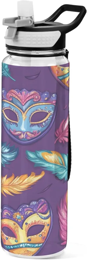Kigai Transparent Sports Water Bottle 32oz, Mardi Gras Carnival Masks Feathers Leakproof Wide Mouth Water Bottle with Straw, BPA Free Water Jug with Detachable Strap & Handle for Fitness Gym Outdoor