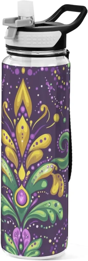 Kigai Transparent Sports Water Bottle 32oz, Mardi Gras Fleur-de-lis Leakproof Wide Mouth Water Bottle with Straw, BPA Free Water Jug with Detachable Strap & Handle for Fitness Gym Outdoor