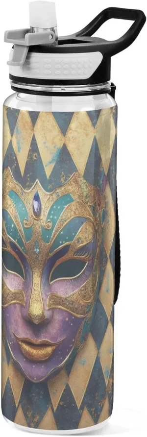 Kigai Transparent Sports Water Bottle 32oz, Mardi Gras Mask Leakproof Wide Mouth Water Bottle with Straw, BPA Free Water Jug with Detachable Strap & Handle for Fitness Gym Outdoor