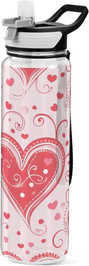 Kigai Transparent Sports Water Bottle 32oz, Pink Hearts Leakproof Wide Mouth Water Bottle with Straw, BPA Free Water Jug with Detachable Strap & Handle for Fitness Gym Outdoor