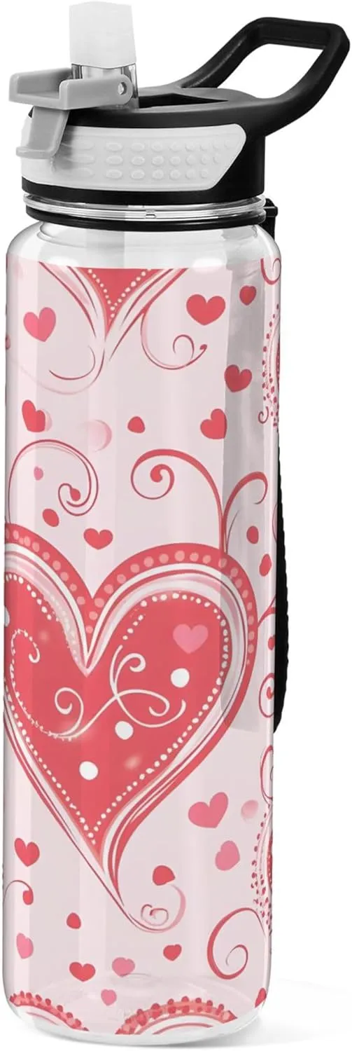 Kigai Transparent Sports Water Bottle 32oz, Pink Hearts Leakproof Wide Mouth Water Bottle with Straw, BPA Free Water Jug with Detachable Strap & Handle for Fitness Gym Outdoor