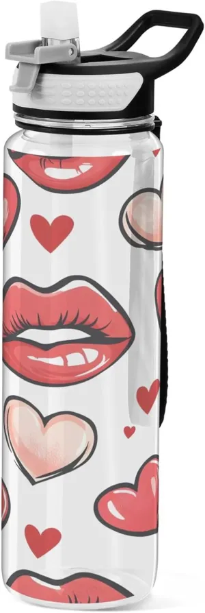 Kigai Transparent Sports Water Bottle 32oz, Red Lips Hearts Leakproof Wide Mouth Water Bottle with Straw, BPA Free Water Jug with Detachable Strap & Handle for Fitness Gym Outdoor
