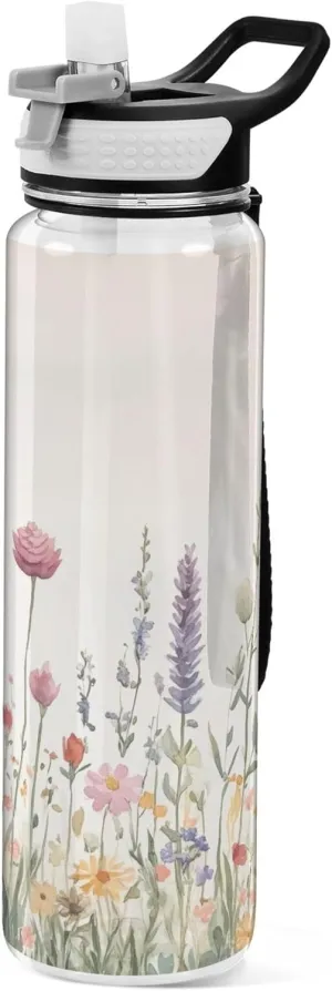 Kigai Transparent Sports Water Bottle 32oz, Retro Wildflowers Leakproof Wide Mouth Water Bottle with Straw, BPA Free Water Jug with Detachable Strap & Handle for Fitness Gym Outdoor