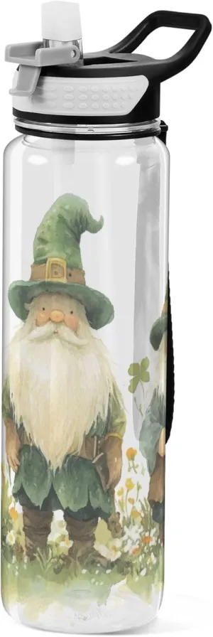 Kigai Transparent Sports Water Bottle 32oz, St. Patrick Gnomes Leakproof Wide Mouth Water Bottle with Straw, BPA Free Water Jug with Detachable Strap & Handle for Fitness Gym Outdoor