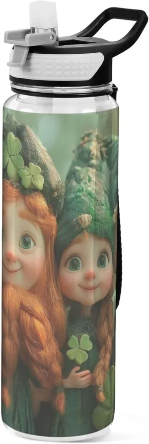 Kigai Transparent Sports Water Bottle 32oz, St. Patrick Gnomes Leakproof Wide Mouth Water Bottle with Straw, BPA Free Water Jug with Detachable Strap & Handle for Fitness Gym Outdoor