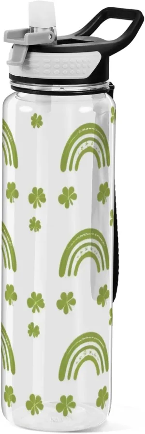 Kigai Transparent Sports Water Bottle 32oz, St. Patrick Rainbow Leakproof Wide Mouth Water Bottle with Straw, BPA Free Water Jug with Detachable Strap & Handle for Fitness Gym Outdoor
