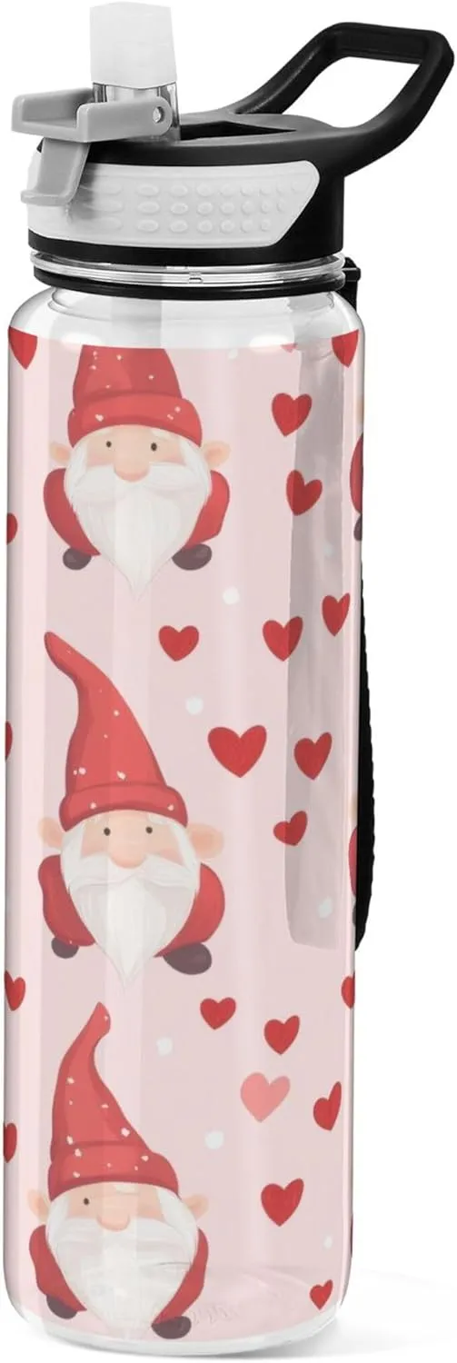 Kigai Transparent Sports Water Bottle 32oz, Valentine Gnomes Leakproof Wide Mouth Water Bottle with Straw, BPA Free Water Jug with Detachable Strap & Handle for Fitness Gym Outdoor