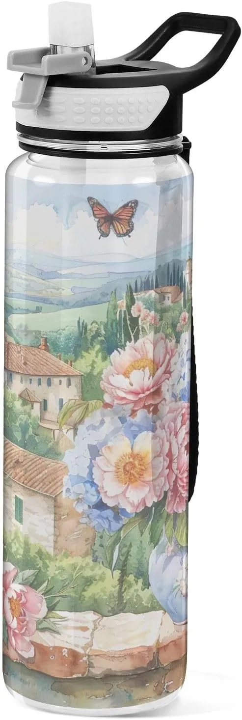 Kigai Transparent Sports Water Bottle 32oz, Vases on Windowsill Leakproof Wide Mouth Water Bottle with Straw, BPA Free Water Jug with Detachable Strap & Handle for Fitness Gym Outdoor