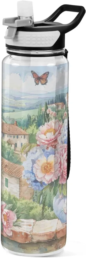 Kigai Transparent Sports Water Bottle 32oz, Vases on Windowsill Leakproof Wide Mouth Water Bottle with Straw, BPA Free Water Jug with Detachable Strap & Handle for Fitness Gym Outdoor