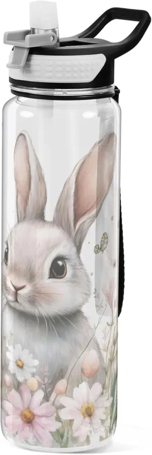 Kigai Transparent Sports Water Bottle 32oz, Watercolor Bunny Flowers Leakproof Wide Mouth Water Bottle with Straw, BPA Free Water Jug with Detachable Strap & Handle for Fitness Gym Outdoor