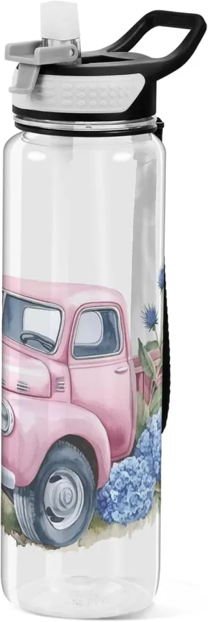 Kigai Transparent Sports Water Bottle 32oz, Watercolor Pink Vintage Truck with Roses Leakproof Wide Mouth Water Bottle with Straw, BPA Free Water Jug with Detachable Strap & Handle for Fitness Gym Out