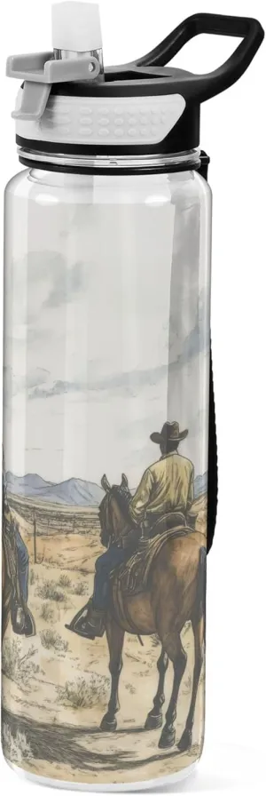 Kigai Transparent Sports Water Bottle 32oz, Western Cowboys Leakproof Wide Mouth Water Bottle with Straw, BPA Free Water Jug with Detachable Strap & Handle for Fitness Gym Outdoor