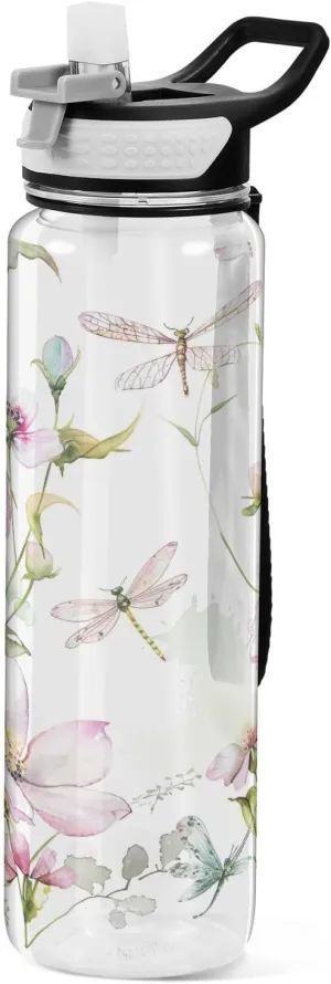 Kigai Transparent Sports Water Bottle 32oz, Wildflowers Dragonflies Leakproof Wide Mouth Water Bottle with Straw, BPA Free Water Jug with Detachable Strap & Handle for Fitness Gym Outdoor