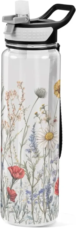 Kigai Transparent Sports Water Bottle 32oz, Wildflowers Leakproof Wide Mouth Water Bottle with Straw, BPA Free Water Jug with Detachable Strap & Handle for Fitness Gym Outdoor