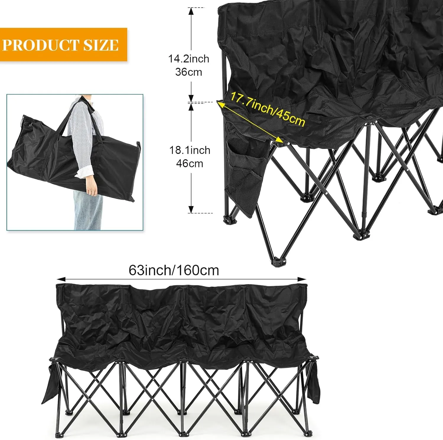 Kigley Portable 4 Seat Soccer Bench Chairs Foldable Team Sports Bench with Pockets and Carrying Bag for Camping Soccer Sports Team Basketball Football Practice Games(Black,1 Pcs)
