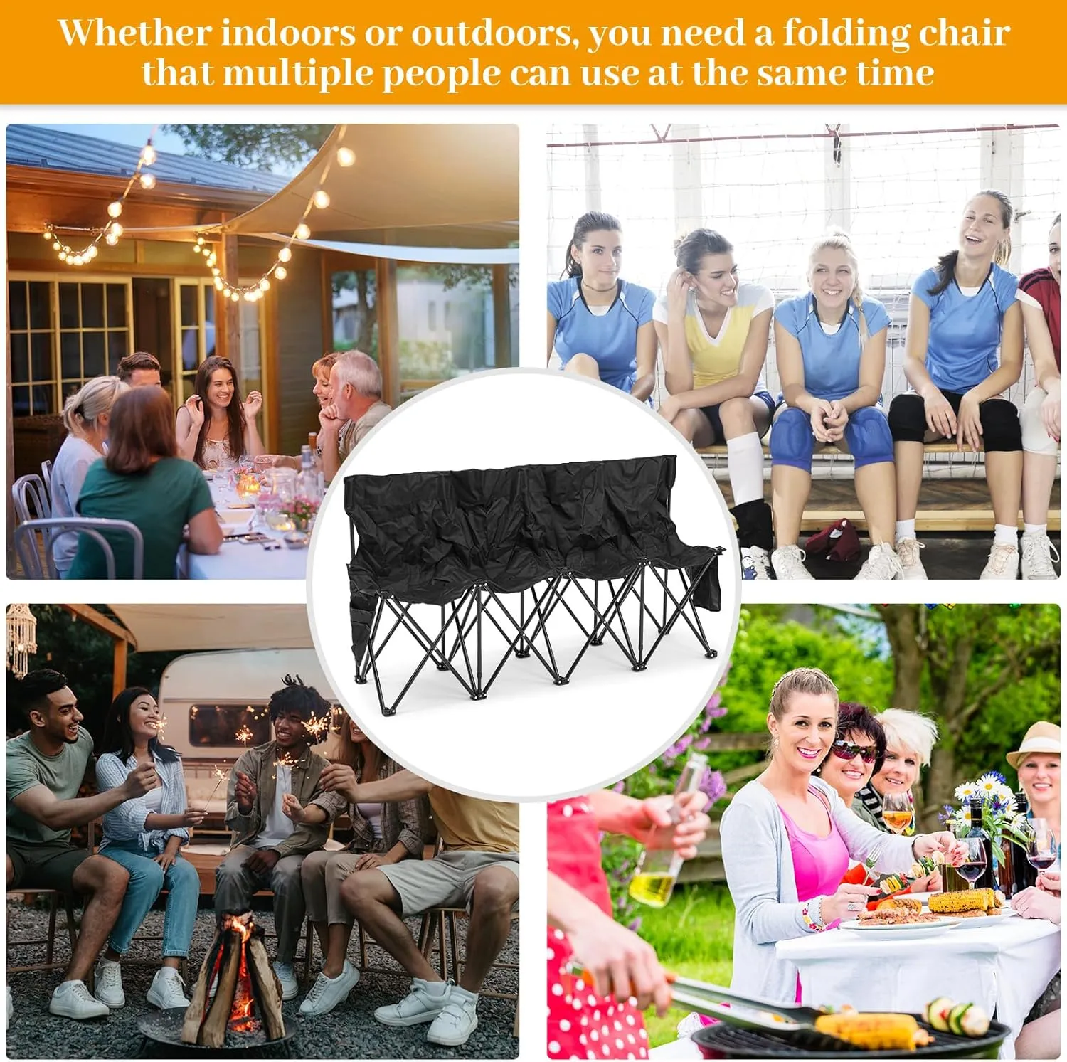 Kigley Portable 4 Seat Soccer Bench Chairs Foldable Team Sports Bench with Pockets and Carrying Bag for Camping Soccer Sports Team Basketball Football Practice Games(Black,1 Pcs)