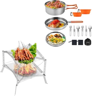 KingCamp 17pcs Stainless Steel Camping Cookware Mess Kit with Folding Campfire Grill