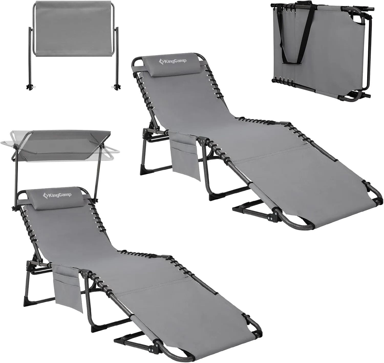 KingCamp 2 Pack Tanning Chair with Face Hole, Lounge Chairs Outdoor Folding Portable Comfy Adjustable 5-Position Foldable Chaise Chaser with Canopy Shade for Outside Beach Patio Sun bathing Pool, Grey