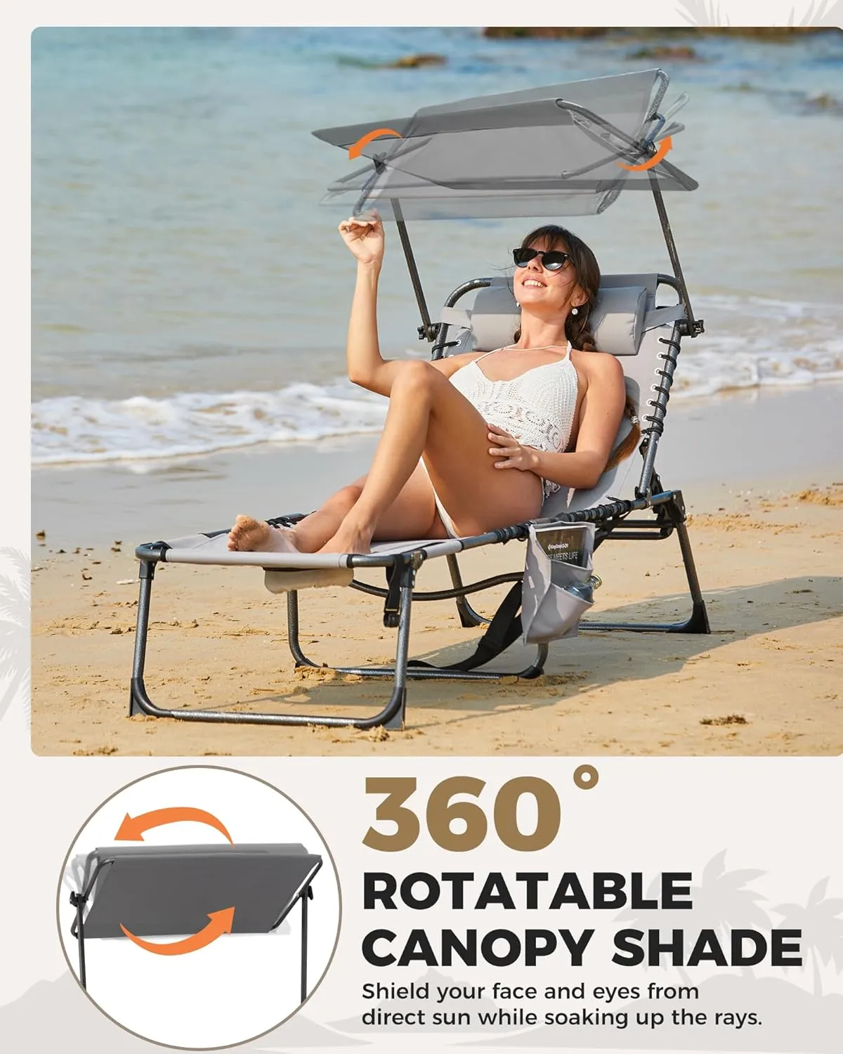 KingCamp 2 Pack Tanning Chair with Face Hole, Lounge Chairs Outdoor Folding Portable Comfy Adjustable 5-Position Foldable Chaise Chaser with Canopy Shade for Outside Beach Patio Sun bathing Pool, Grey