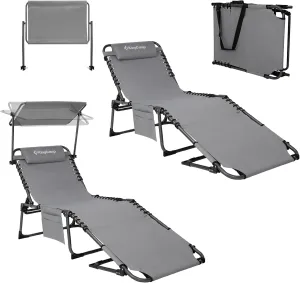 KingCamp 2 Pack Tanning Chair with Face Hole, Lounge Chairs Outdoor Folding Portable Comfy Adjustable 5-Position Foldable Chaise Chaser with Canopy Shade for Outside Beach Patio Sun bathing Pool, Grey