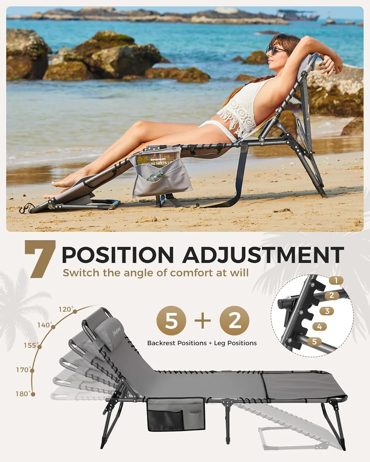 KingCamp 2 Pack Tanning Chair with Face Hole, Lounge Chairs Outdoor Folding Portable Comfy Adjustable 5-Position Foldable Chaise Chaser with Canopy Shade for Outside Beach Patio Sun bathing Pool, Grey