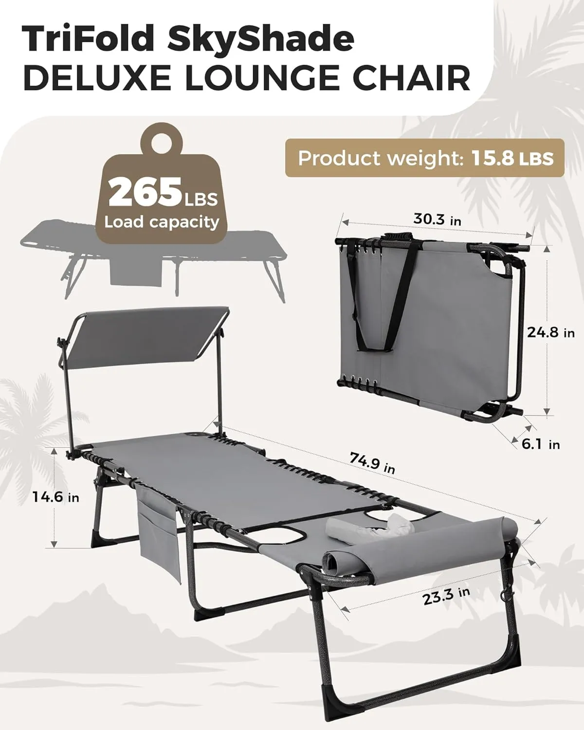 KingCamp 2 Pack Tanning Chair with Face Hole, Lounge Chairs Outdoor Folding Portable Comfy Adjustable 5-Position Foldable Chaise Chaser with Canopy Shade for Outside Beach Patio Sun bathing Pool, Grey