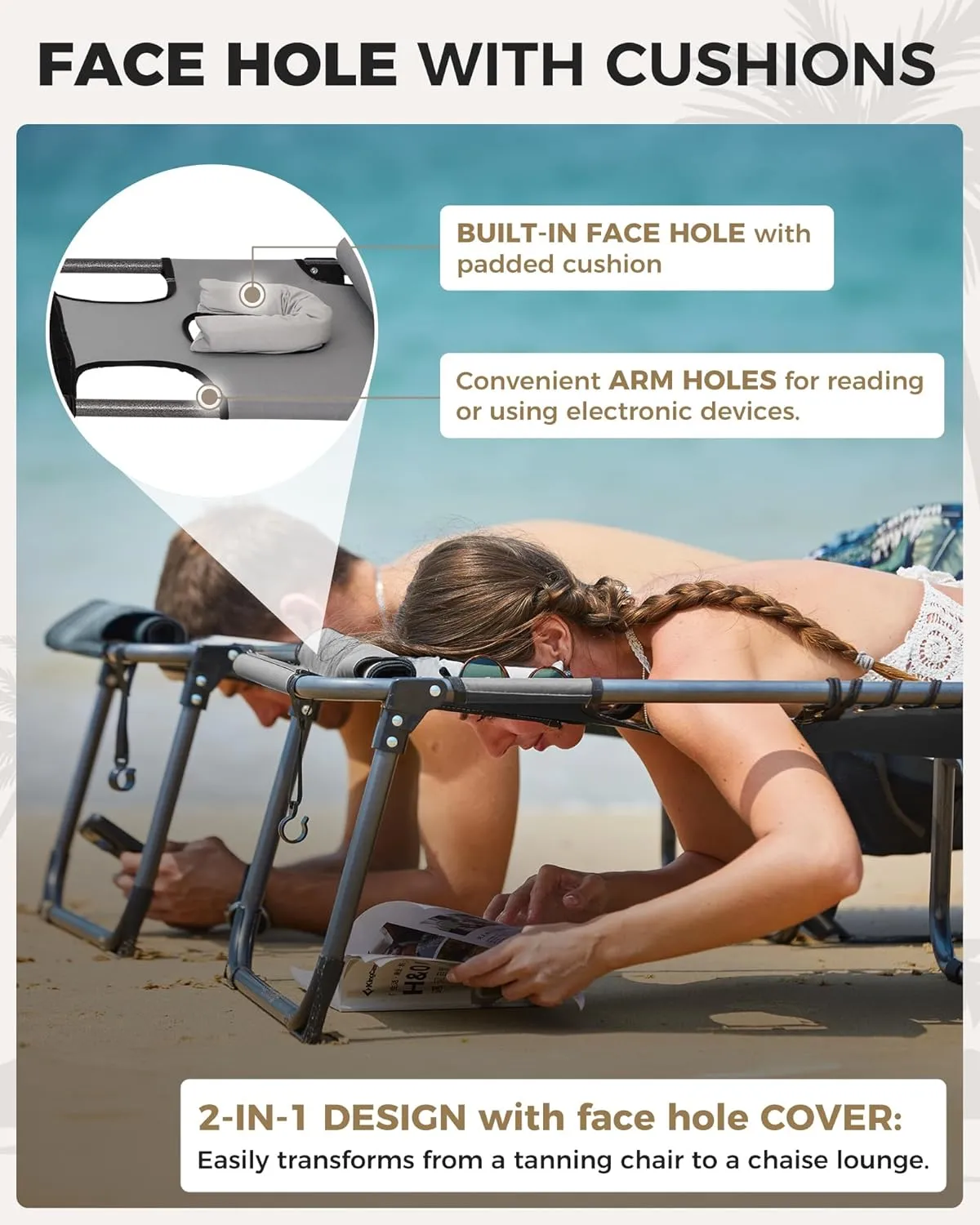 KingCamp 2 Pack Tanning Chair with Face Hole, Lounge Chairs Outdoor Folding Portable Comfy Adjustable 5-Position Foldable Chaise Chaser with Canopy Shade for Outside Beach Patio Sun bathing Pool, Grey