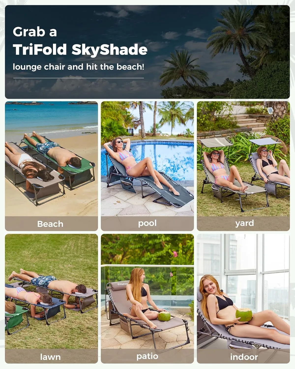 KingCamp 2 Pack Tanning Chair with Face Hole, Lounge Chairs Outdoor Folding Portable Comfy Adjustable 5-Position Foldable Chaise Chaser with Canopy Shade for Outside Beach Patio Sun bathing Pool, Grey
