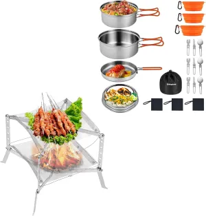 KingCamp 25pcs Stainless Steel Camping Cookware Mess Kit Camping Cooking Set Backpacking Gear Lightweight Pots and Pans Set with KingCamp Folding Campfire Grill