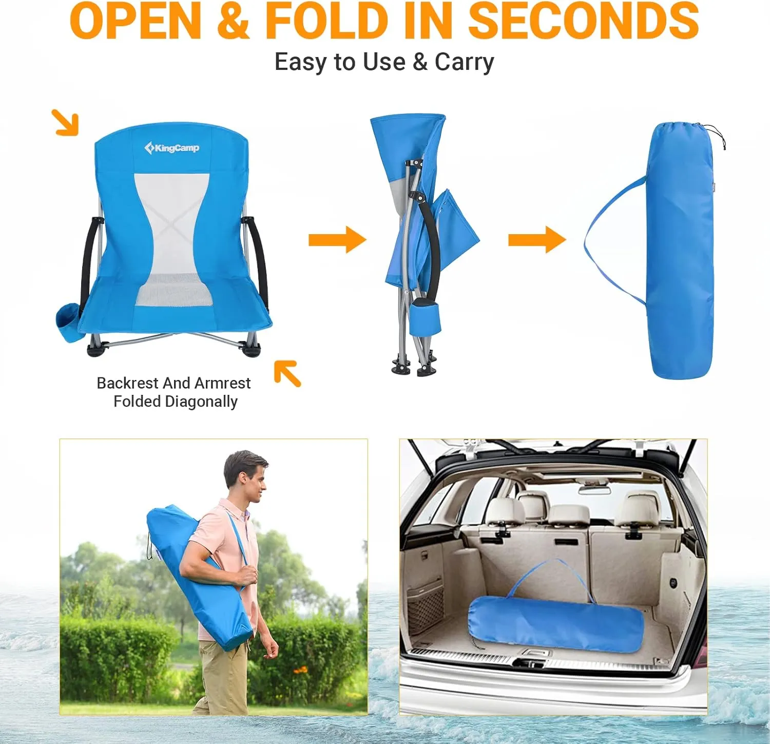 KingCamp Low Folding Beach Chair - Portable & Heavy Duty Beach Gear with 300lbs Capacity, Low Seat Design, Lightweight Camping Chair for Adults, Beach, Picnic, Concert & Outdoor Activities
