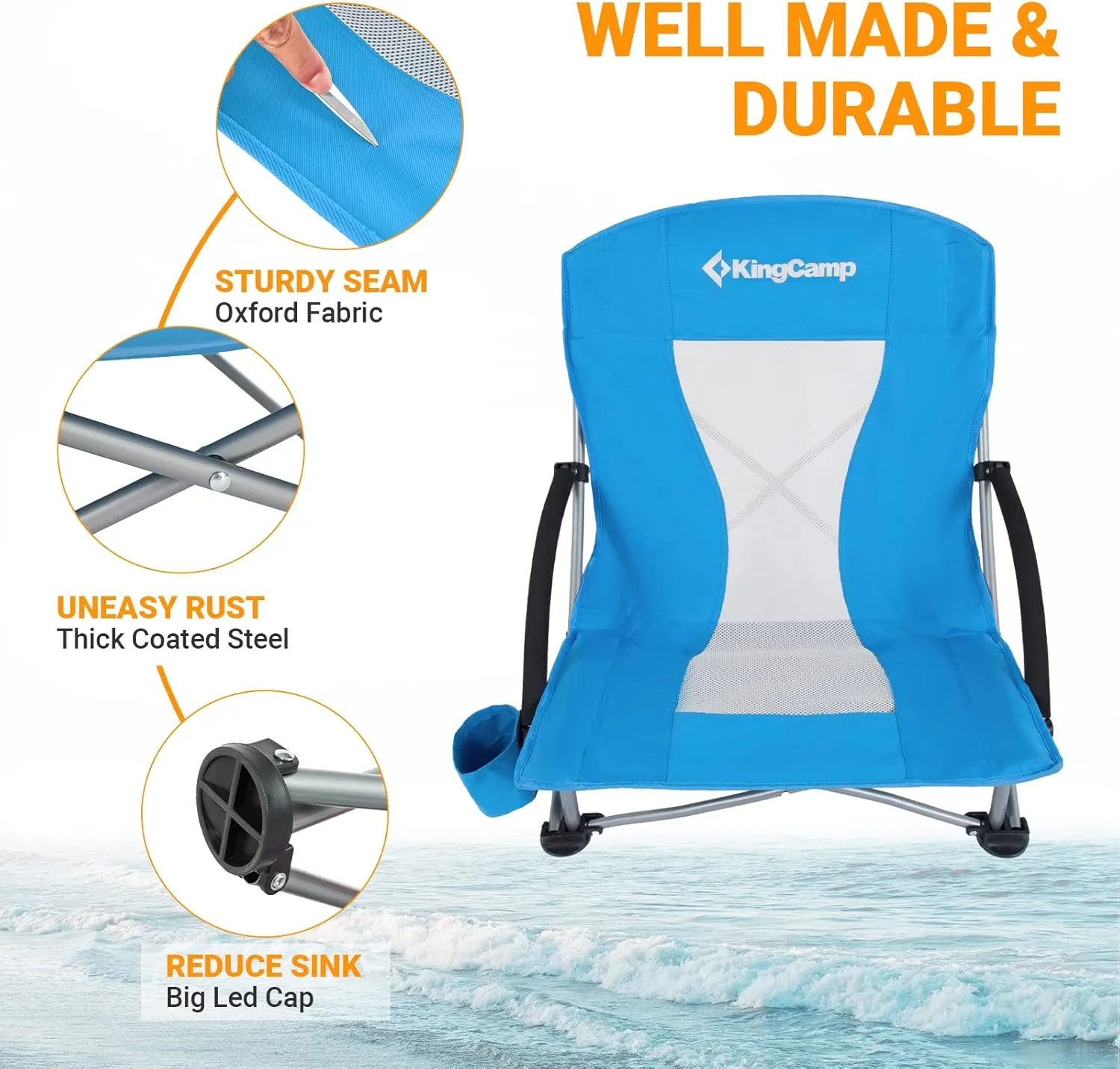 KingCamp Low Folding Beach Chair - Portable & Heavy Duty Beach Gear with 300lbs Capacity, Low Seat Design, Lightweight Camping Chair for Adults, Beach, Picnic, Concert & Outdoor Activities