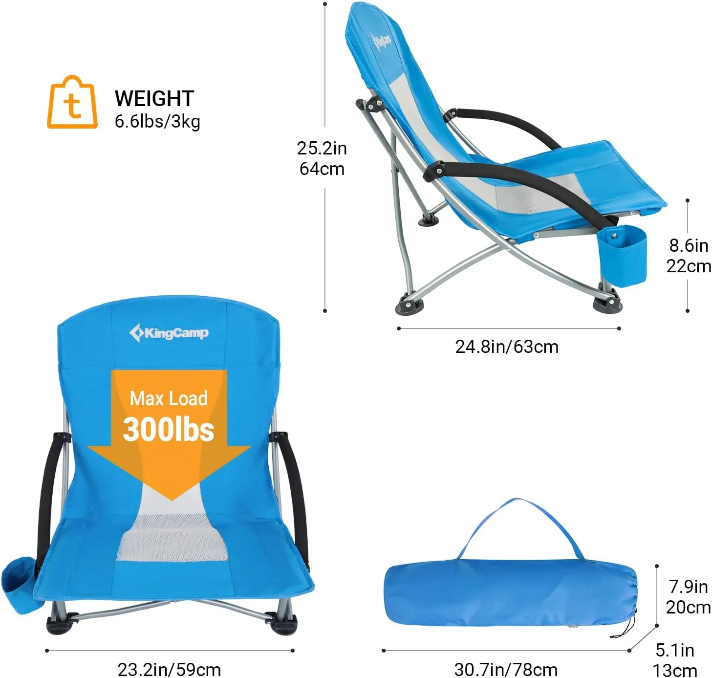 KingCamp Low Folding Beach Chair - Portable & Heavy Duty Beach Gear with 300lbs Capacity, Low Seat Design, Lightweight Camping Chair for Adults, Beach, Picnic, Concert & Outdoor Activities