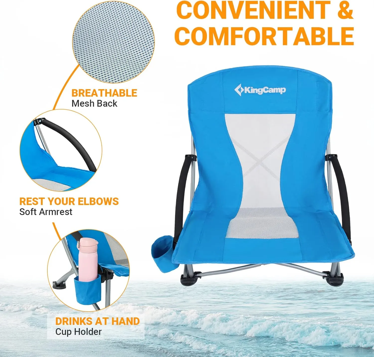 KingCamp Low Folding Beach Chair - Portable & Heavy Duty Beach Gear with 300lbs Capacity, Low Seat Design, Lightweight Camping Chair for Adults, Beach, Picnic, Concert & Outdoor Activities