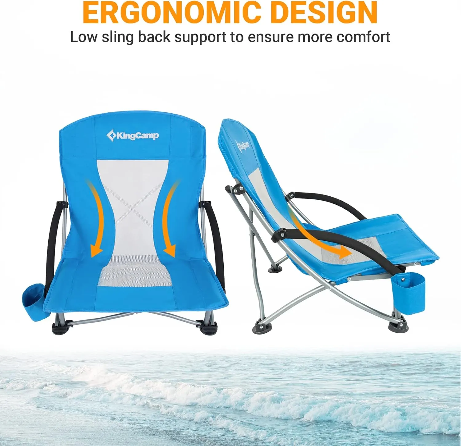 KingCamp Low Folding Beach Chair - Portable & Heavy Duty Beach Gear with 300lbs Capacity, Low Seat Design, Lightweight Camping Chair for Adults, Beach, Picnic, Concert & Outdoor Activities