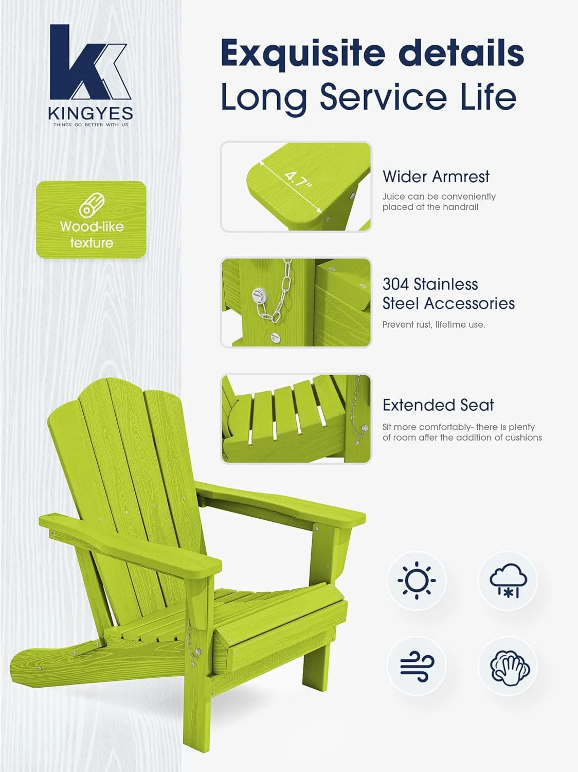 KINGYES Folding Adirondack Chair Set of 2, HDPE All-Weather Folding Adirondack Chair, Apple