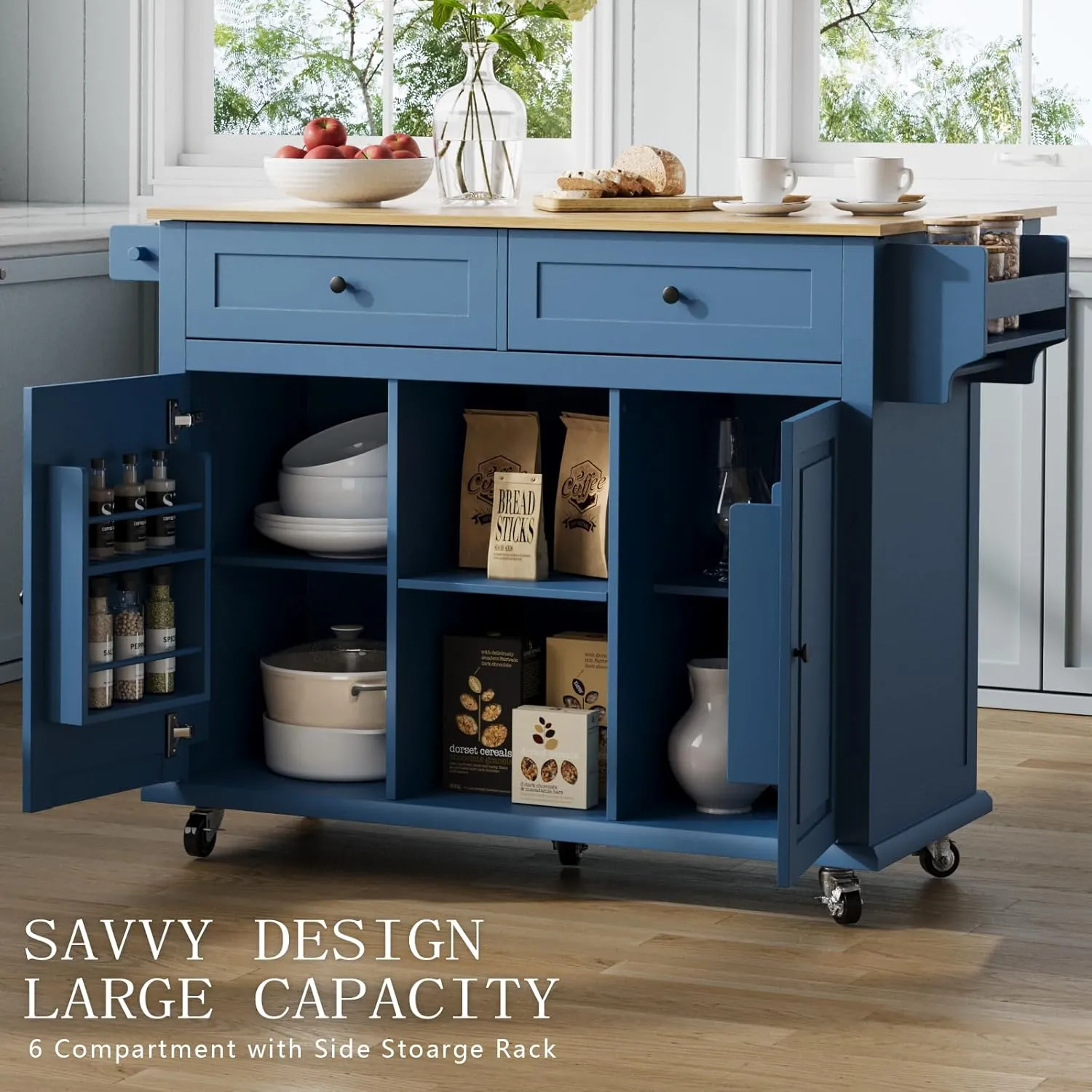 Kitchen Island on Wheels with Storage, 53" Portable Rolling Kitchen Island Wood Table with Drop Leaf, Mobile Storge Islands Cart with Drawers, Cabinets, Spice & Towel Rack, Open Shelf, Blue