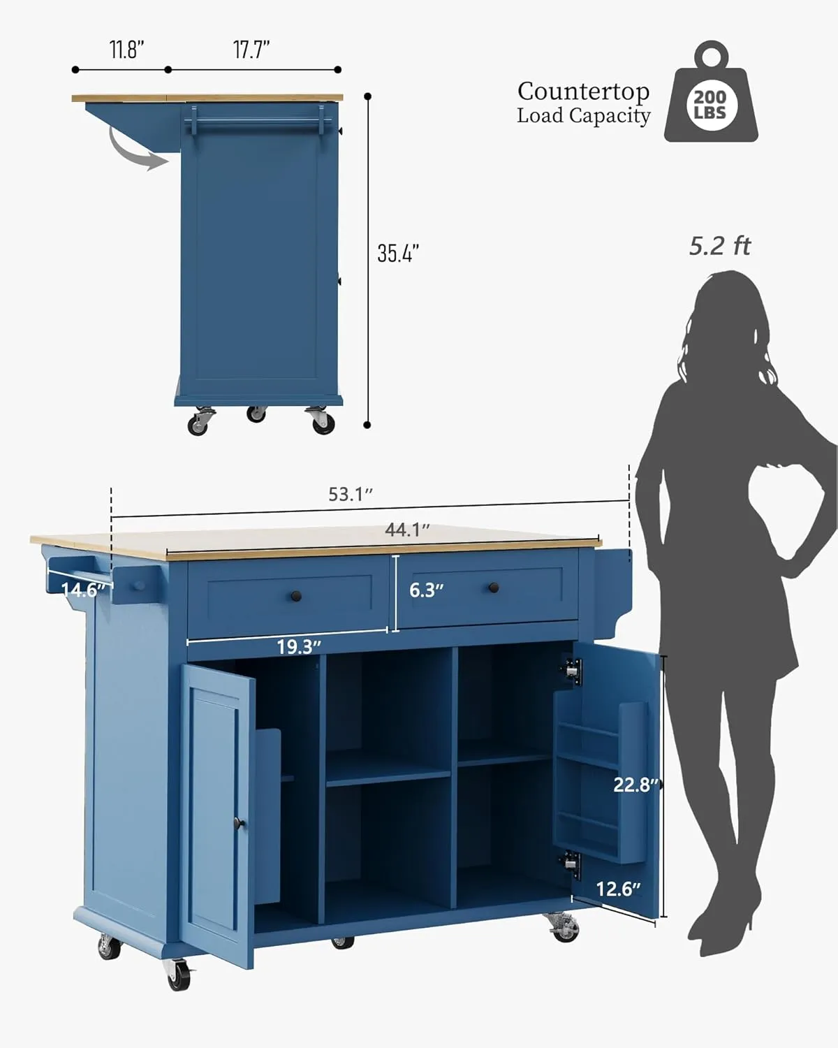 Kitchen Island on Wheels with Storage, 53" Portable Rolling Kitchen Island Wood Table with Drop Leaf, Mobile Storge Islands Cart with Drawers, Cabinets, Spice & Towel Rack, Open Shelf, Blue