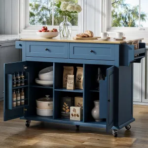 Kitchen Island on Wheels with Storage, 53" Portable Rolling Kitchen Island Wood Table with Drop Leaf, Mobile Storge Islands Cart with Drawers, Cabinets, Spice & Towel Rack, Open Shelf, Blue