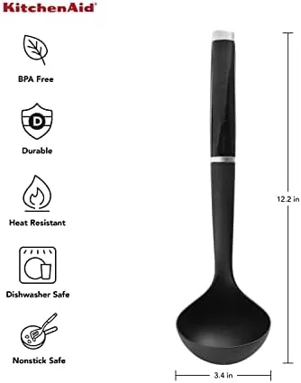 KitchenAid Classic Utility Whisk, 10.5 Inch, Black & Classic Soup Ladle, One Size, Black 2 & KE003OHOBA Classic Basting Spoon, One Size, Black