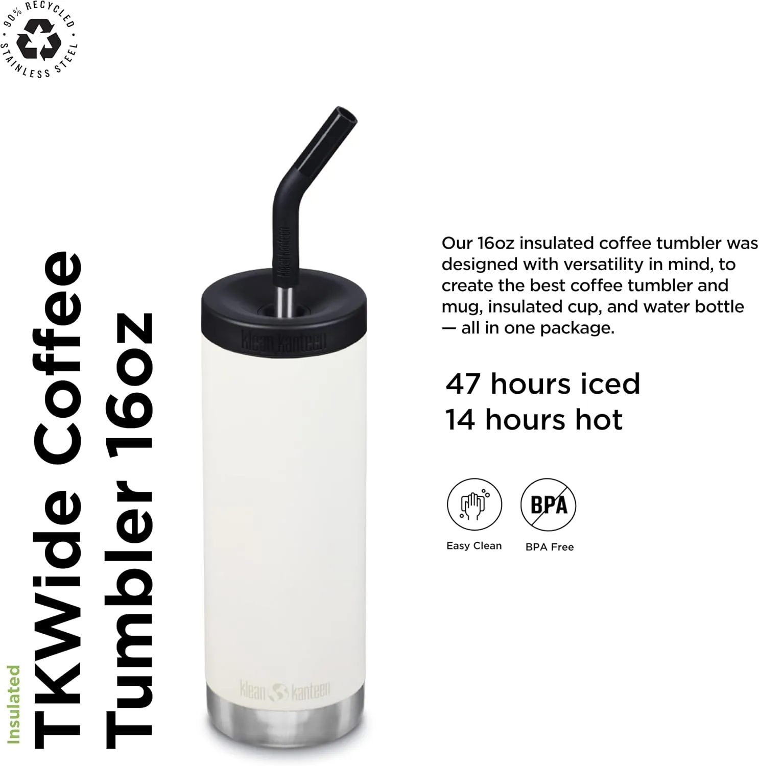 Klean Kanteen TKWide Insulated Coffee Tumbler with Cafe Cap - Stainless Steel Water Bottle & Thermal Tumbler - Tofu, 16 oz