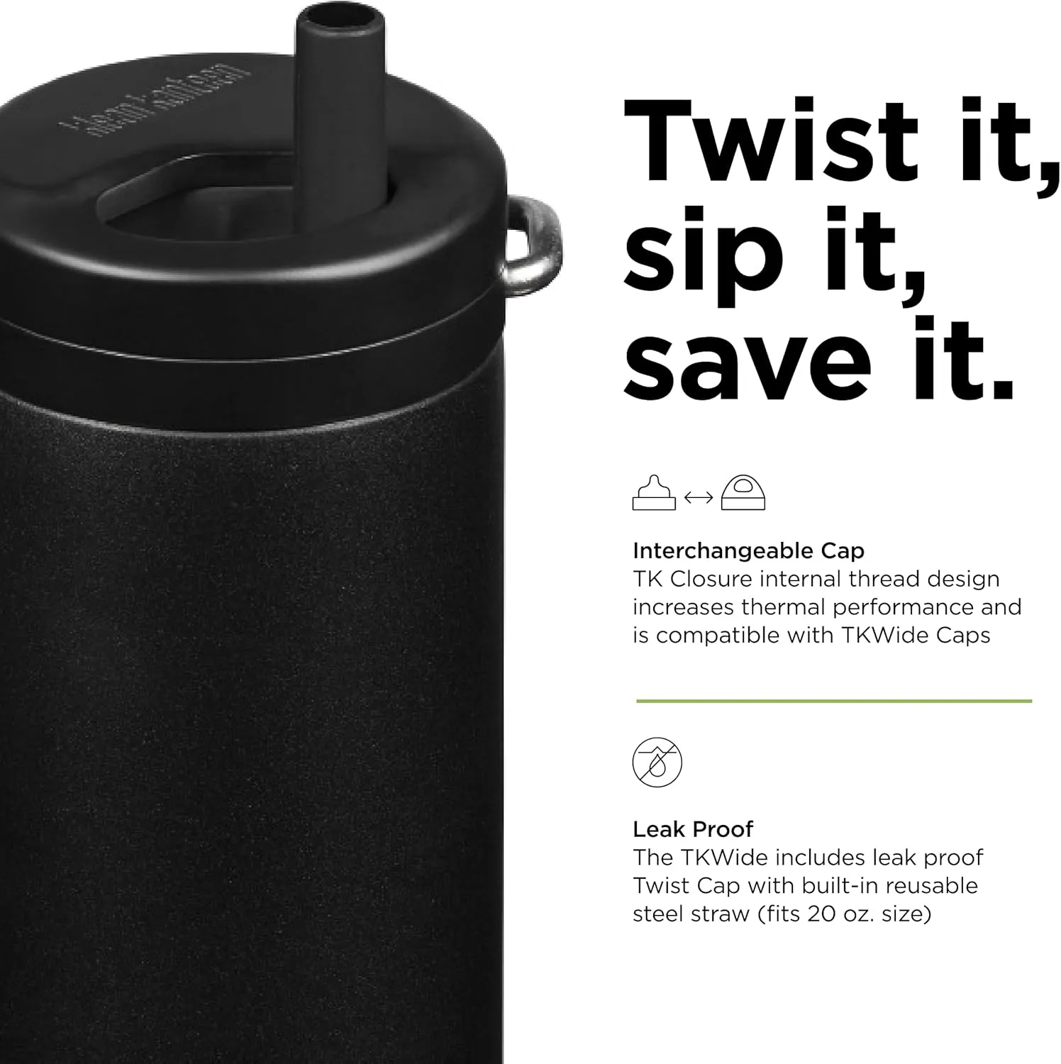 Klean Kanteen TKWide Insulated Water Bottle with Twist Cap - Reusable Travel Water Bottle with Stainless Steel Straw - Perfect for Sports & the Office - Black, 20 oz