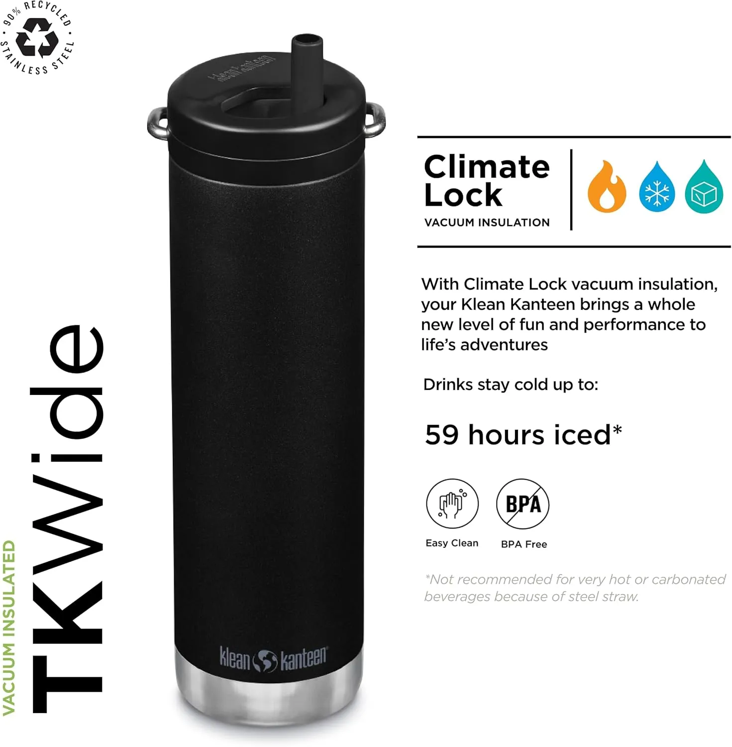 Klean Kanteen TKWide Insulated Water Bottle with Twist Cap - Reusable Travel Water Bottle with Stainless Steel Straw - Perfect for Sports & the Office - Black, 20 oz