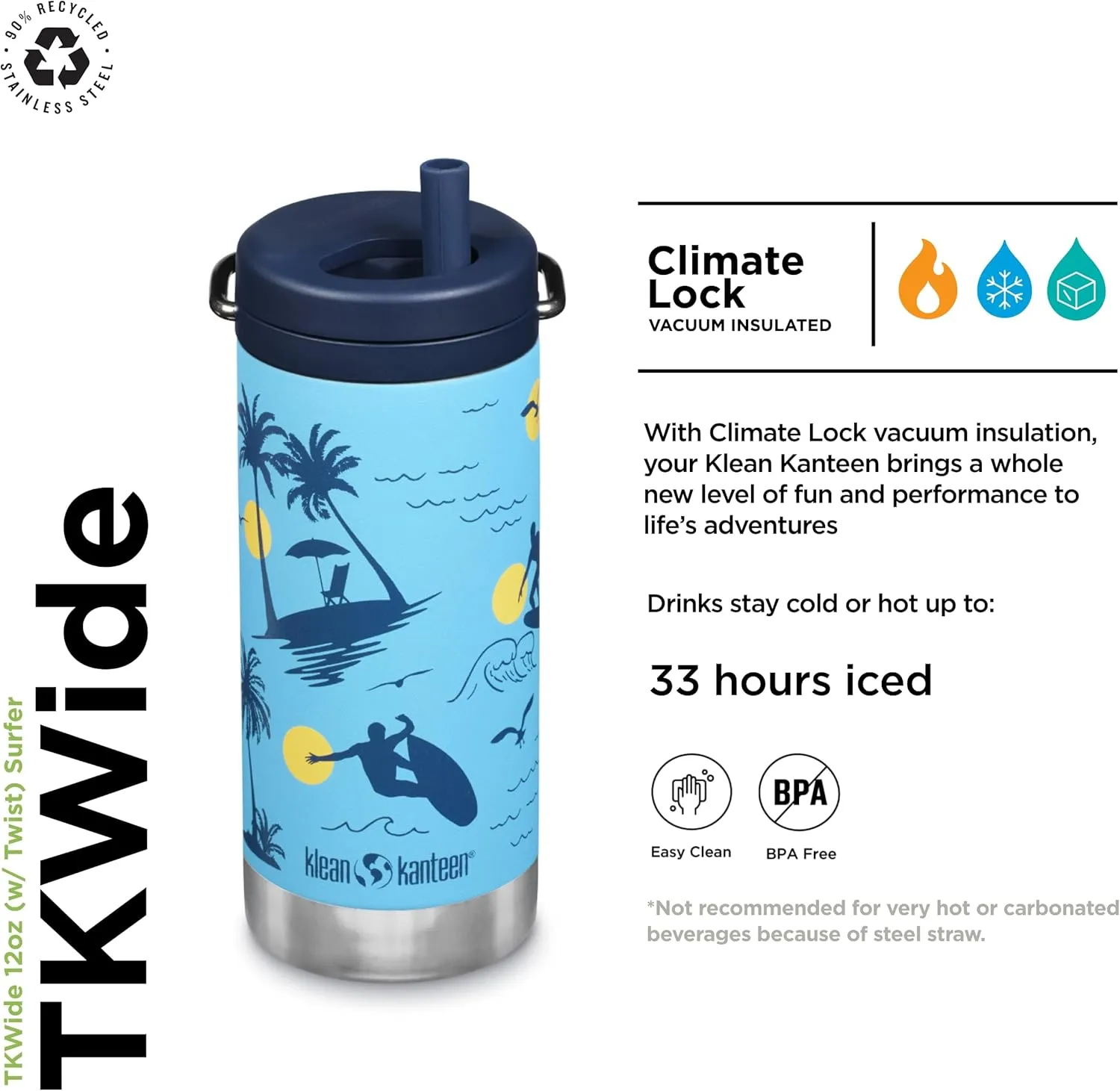Klean Kanteen TKWide Insulated Water Bottle with Twist Cap - Reusable Travel Water Bottle with Stainless Steel Straw - Perfect for Sports & the Office - Surfer, 12 oz