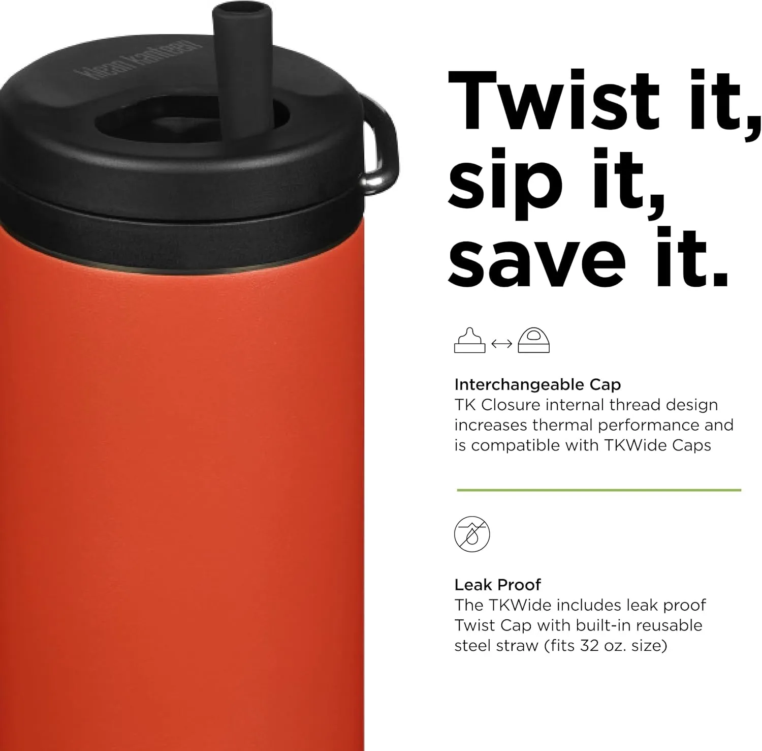 Klean Kanteen TKWide Insulated Water Bottle with Twist Cap - Reusable Travel Water Bottle with Stainless Steel Straw - Perfect for Sports & the Office - Tiger Lily, 20 oz