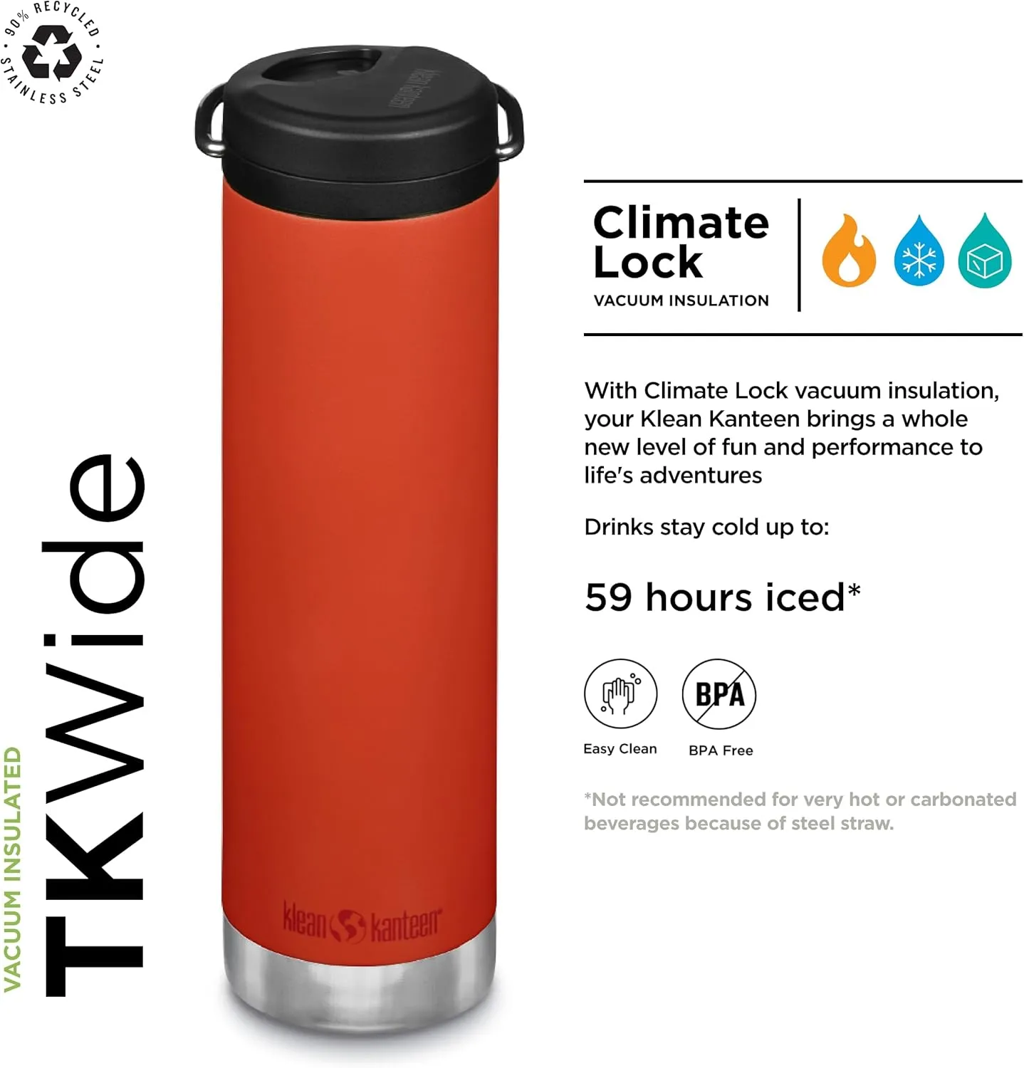 Klean Kanteen TKWide Insulated Water Bottle with Twist Cap - Reusable Travel Water Bottle with Stainless Steel Straw - Perfect for Sports & the Office - Tiger Lily, 20 oz