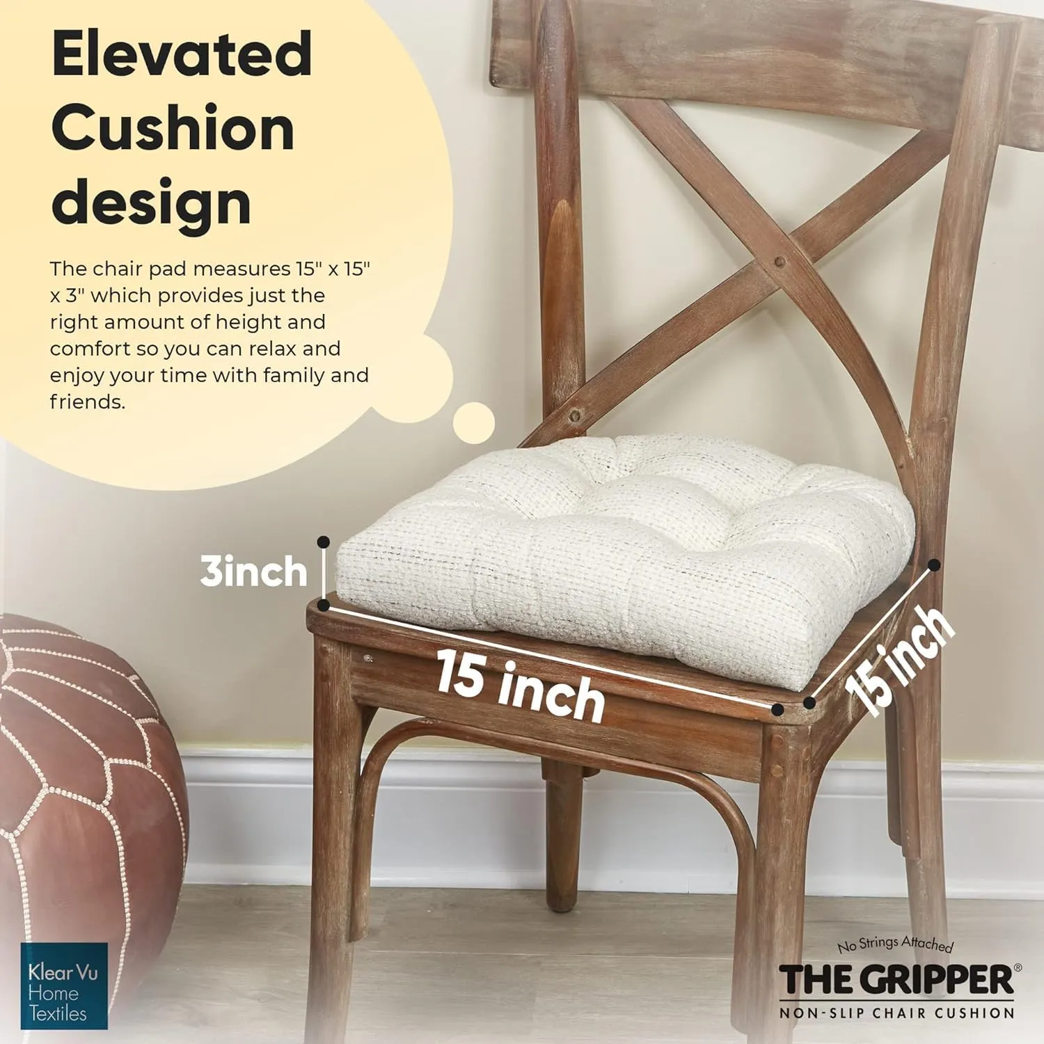 Klear Vu Gripper Overstuffed Universal Non-Slip Dining Chair Cushions for Kitchen Decor or Office Use, U-Shaped Skid-Proof Seat Pad, 15x15 Inches, 2 Count (Pack of 1), Waffle Birch