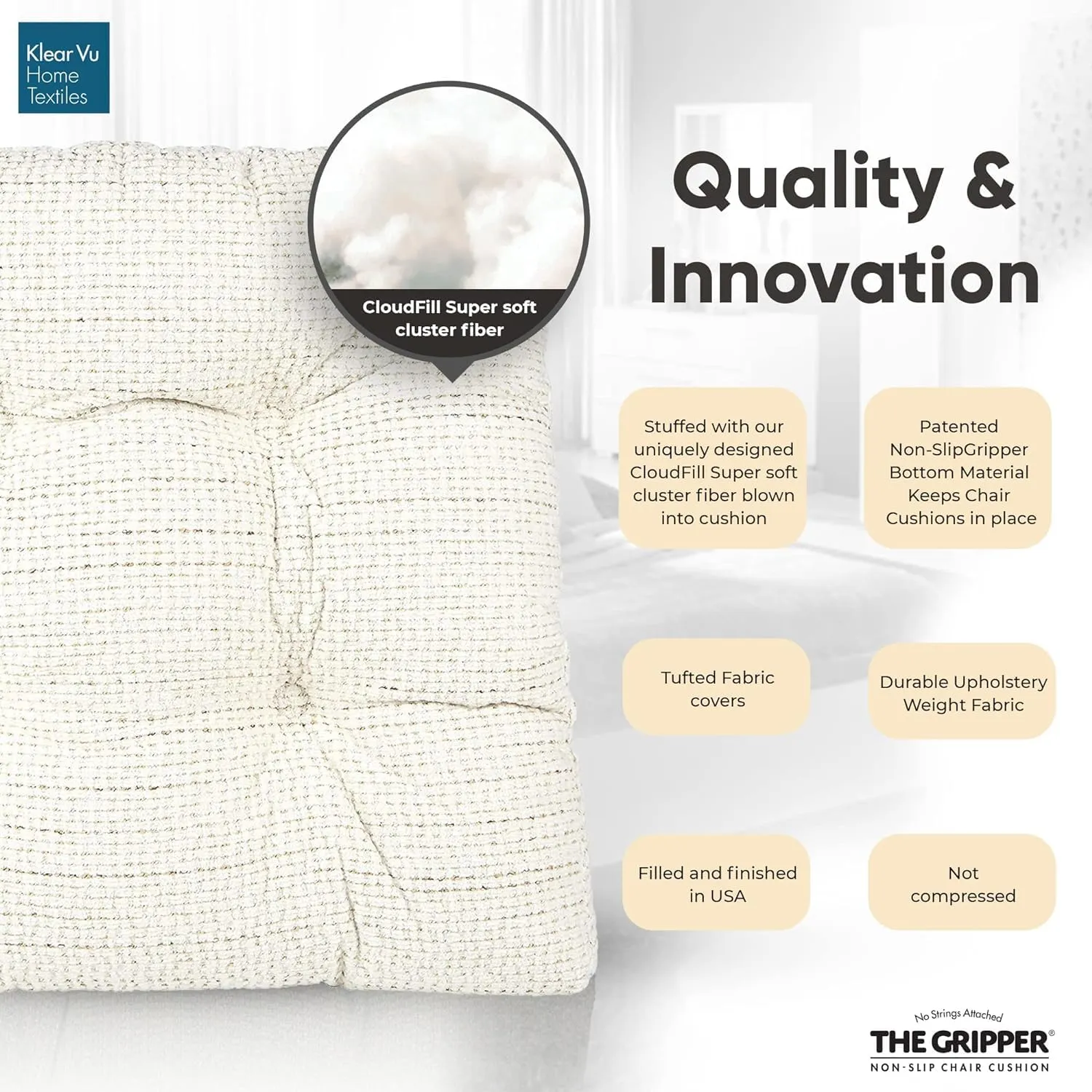 Klear Vu Gripper Overstuffed Universal Non-Slip Dining Chair Cushions for Kitchen Decor or Office Use, U-Shaped Skid-Proof Seat Pad, 15x15 Inches, 2 Count (Pack of 1), Waffle Birch