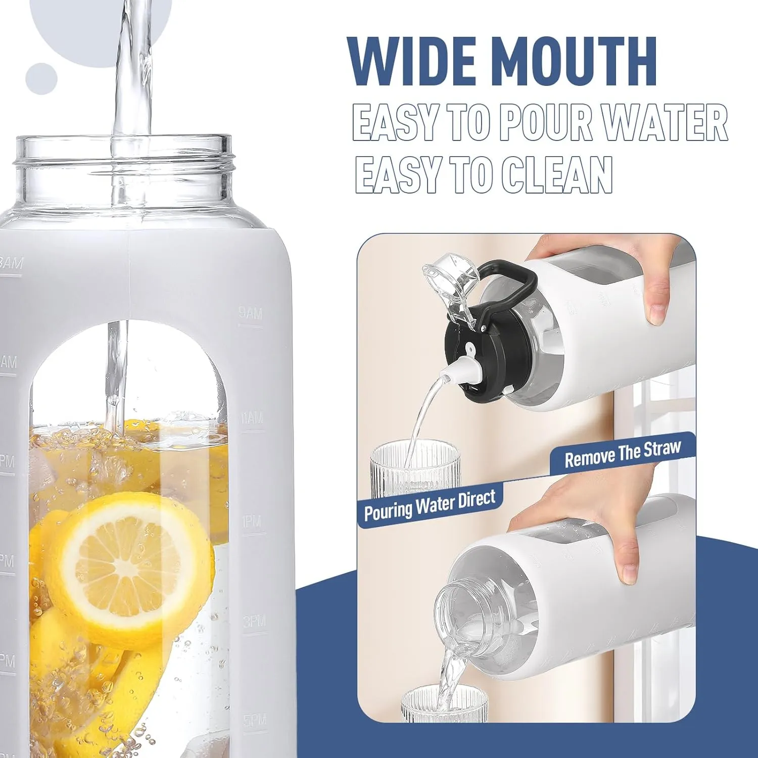 Kodrine 64 oz Half Gallon Water Bottle with Straw, Large Glass Water Bottle with Locking Leak-Proof Lid and Soft Silicone Spout, Water Jug with Carry Handle, Motivational Time Marker, White