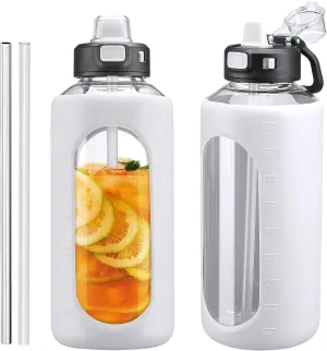 Kodrine 64 oz Half Gallon Water Bottle with Straw, Large Glass Water Bottle with Locking Leak-Proof Lid and Soft Silicone Spout, Water Jug with Carry Handle, Motivational Time Marker, White